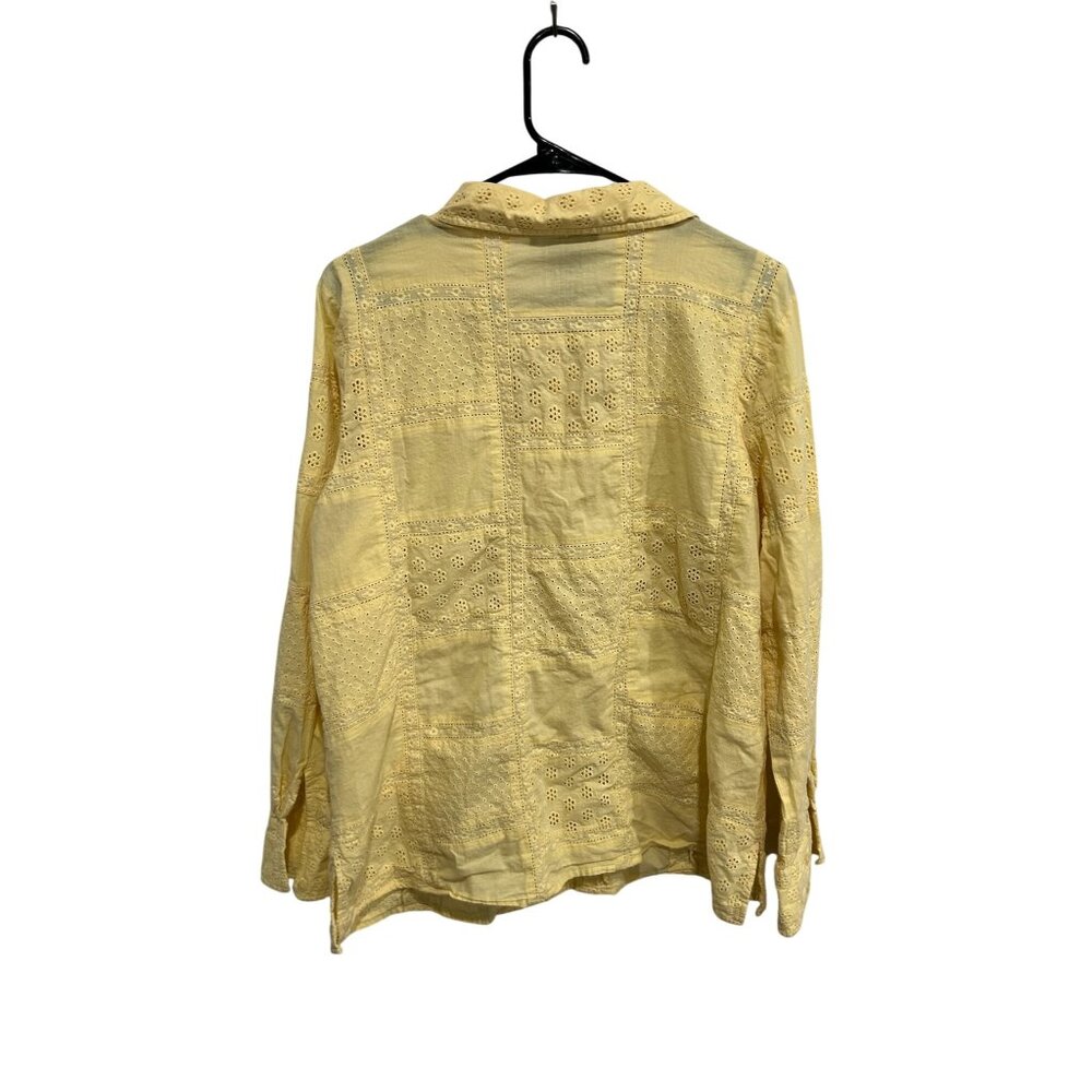 Denim & Co Eyelet Patchwork Button Front Shirt Ye… - image 2